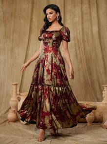 Vestido de noche con mangas abullonadas, acentos metálicos en color block y corte globo, elegante traje de gala para invitada de boda, graduación o cena - Multicolor - Ver 4