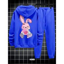 Children's Sweatshirt Set 2 To 16 Rabbit Print2 Jacket, Long Sleeve Hooded Top And Pants Mid-Season Tracksuit - 寶藍色 - 查看 2