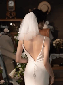 1件装女士涤纶新娘面纱，通用婚礼配饰，新娘面纱，适合旅行和摄影，情人节配饰 - 白色 - 查看 2