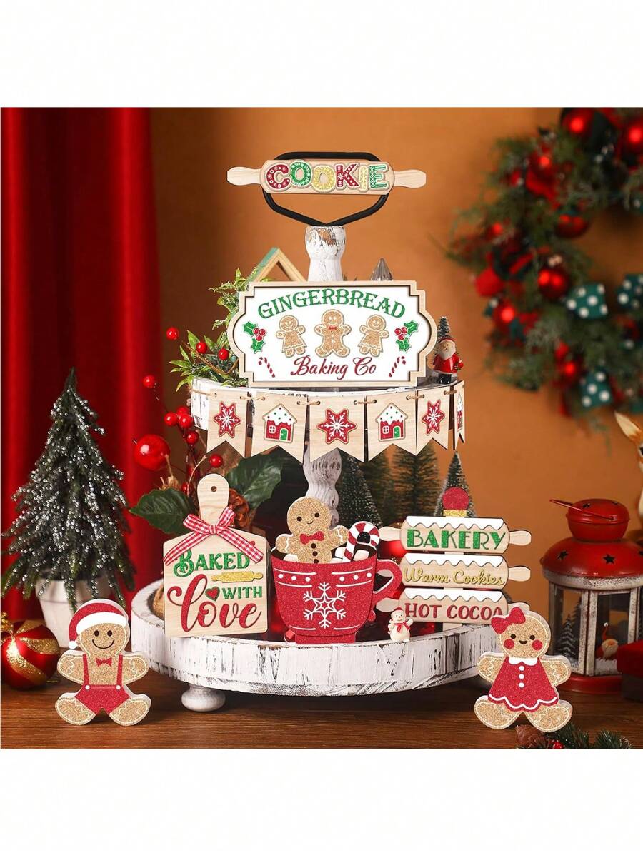13pcs Gingerbread Men Christmas Wood Decorative Set With Display Tray (0.2 Inch Thickness), Including Gingerbread Man, Snowman, Santa Claus, Rolling Pin, Suitable For Holiday Party, Kitchen Tabletop Decoration (Tray Not Included),Christmas - Color Mixing - View 1