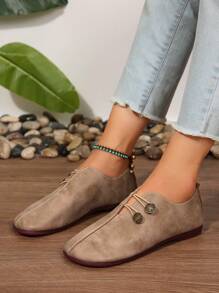 Women's Casual Flat Shoes With Metal Buckle, Round Toe, Solid Color - All-Season Comfort Flats With PU Sole And Man-Made Materials