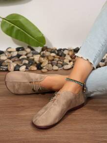Women's Casual Flat Shoes With Metal Buckle, Round Toe, Solid Color - All-Season Comfort Flats With PU Sole And Man-Made Materials