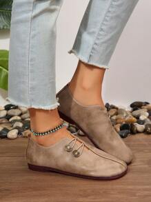 Women's Casual Flat Shoes With Metal Buckle, Round Toe, Solid Color - All-Season Comfort Flats With PU Sole And Man-Made Materials