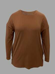 Plus Size Solid Color Casual Top With Pocket - Brown - View 2