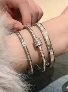 3pcs Elegant & Luxury Stainless Steel Plated Gold Small Waist Bangle Set, Tarnish-Resistant & Waterproof For Women