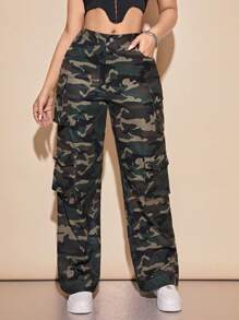 Camo Cargo Pants For Women High Rise Wide Leg Pants Baggy Pants With Flat Pocket - 軍綠色 - 查看 2