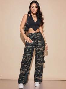 Camo Cargo Pants For Women High Rise Wide Leg Pants Baggy Pants With Flat Pocket - 軍綠色 - 查看 4