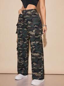 Camo Cargo Pants For Women High Rise Wide Leg Pants Baggy Pants With Flat Pocket - 軍綠色 - 查看 5