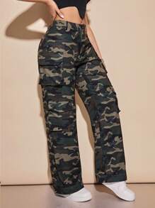 Camo Cargo Pants For Women High Rise Wide Leg Pants Baggy Pants With Flat Pocket - 軍綠色 - 查看 3