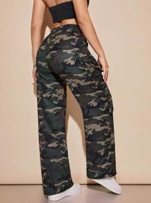 Camo Cargo Pants For Women High Rise Wide Leg Pants Baggy Pants With Flat Pocket - 軍綠色 - 查看 6