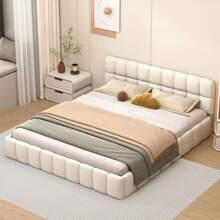 Double Bed 140x200cm, Upholstered Bed With Slatted Frame And Headboard, Youth Bed, Flat Bed With Upholstered Surround, Upholstered Bed Youth Bed Bed Frame, Linen, Beige - 米色 - 查看 2