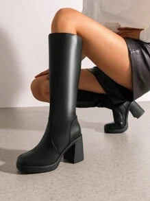 Women's Chunky Block Heel Knee High Boots Square Toe  Side Zipper Platform Solid Color Fashionable Gogo Boots - 黑色 - 查看 3