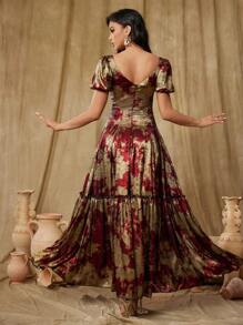 Vestido de noche con mangas abullonadas, acentos metálicos en color block y corte globo, elegante traje de gala para invitada de boda, graduación o cena - Multicolor - Ver 2