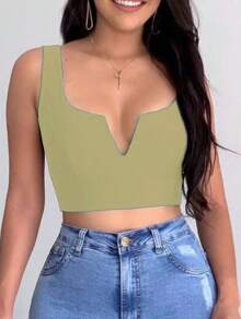 CROPPED TOP WITH STRAP, V-NECK, SEXY, SIMPLE, CASUAL - Màu be - Xem 1