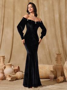 Women's Off-Shoulder Lantern Sleeve Minimalist Glamorous Evening Gown, Black Formal Prom Dress, For Wedding Guest, Graduation, Dinner