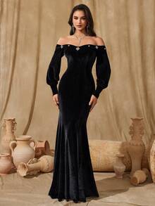 Women's Off-Shoulder Lantern Sleeve Minimalist Glamorous Evening Gown, Black Formal Prom Dress, For Wedding Guest, Graduation, Dinner