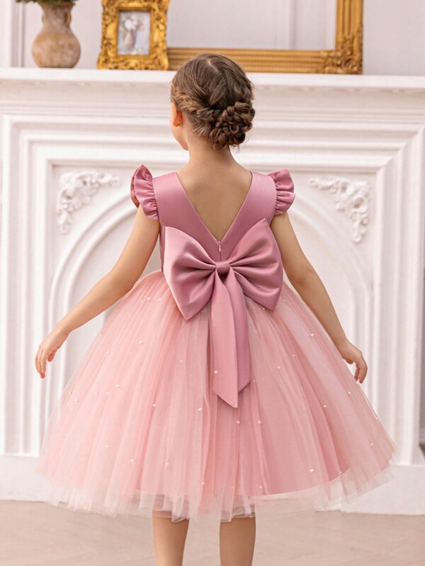 Young Girl Elegant Mesh Patchwork Beaded Bow Decor Party Dress