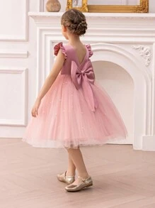 Young Girl Elegant Mesh Patchwork Beaded Bow Decor Party Dress