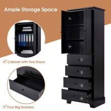 Storage Cabinet With 2 Doors And 4 Drawers For Bathroom, Office, Adjustable Shelf, MDF Board With Painted Finish, Black Mo-Autos