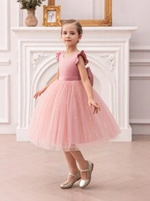 Young Girl Elegant Mesh Patchwork Beaded Bow Decor Party Dress