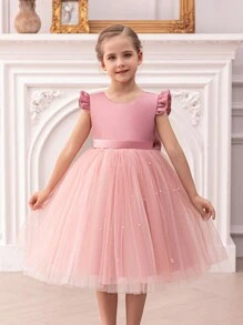 Young Girl Elegant Mesh Patchwork Beaded Bow Decor Party Dress