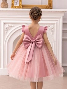 Young Girl Elegant Mesh Patchwork Beaded Bow Decor Party Dress