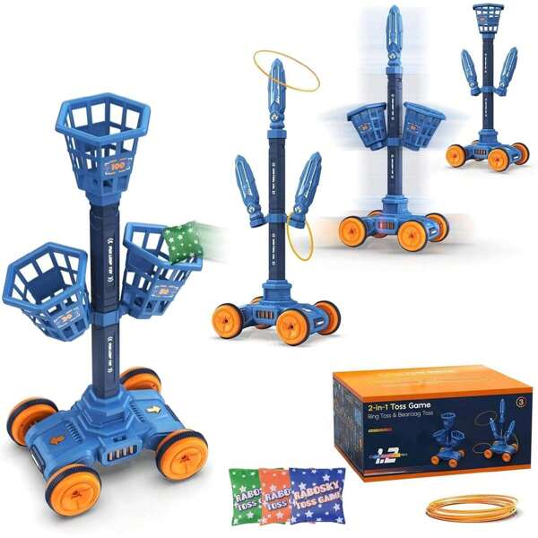 2-In-1 Movable Ring Toss Game & Bean Bags Games, Cornhole Game Set With 6 Bean Bags, Outdoor Yard Party Games For Toddlers 3-12, Boys Girls Birthday Toys Gifts Ideas