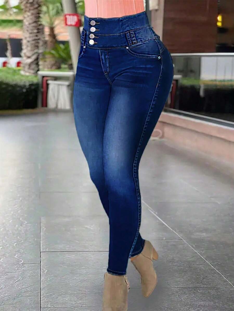 High Waist Women's Denim Jeans With Wash Effect Stretchy Skinny Fit Button And Zipper Closure Comfortable Stylish Women's Denim Pants For Everyday Wear Perfect For Casual Outfits Fashionable Women's Jeans - Rửa trung bình - Xem 1