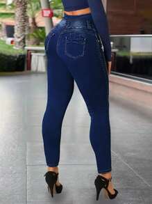 High Waist Women's Denim Jeans With Wash Effect Stretchy Skinny Fit Button And Zipper Closure Comfortable Stylish Women's Denim Pants For Everyday Wear Perfect For Casual Outfits Fashionable Women's Jeans - Rửa trung bình - Xem 2