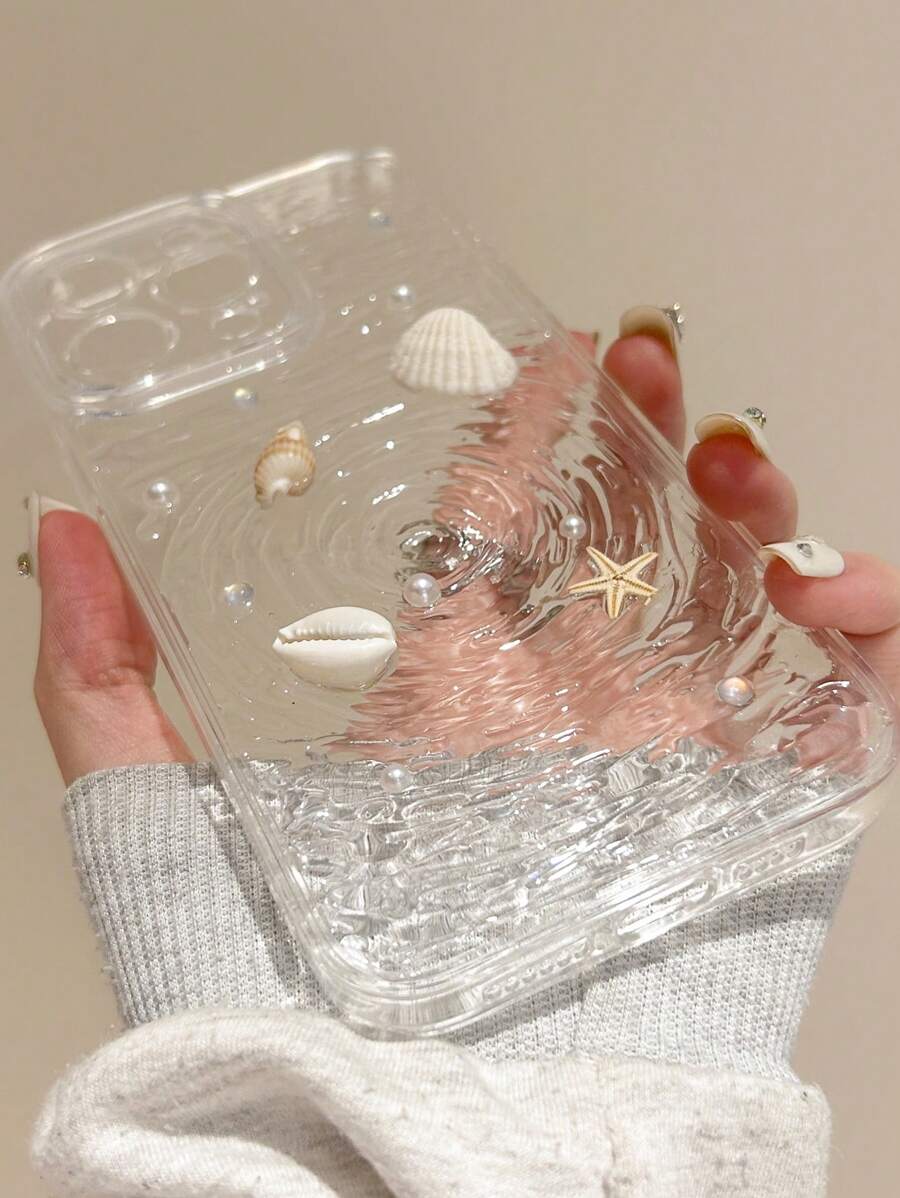 1 pieza Funda de teléfono Suave de silicona con diseño creativo de concha marina, estrella de mar y perla con efecto de ondas de agua para 16, 15, 14, 13, 12, 11 Pro Max Plus