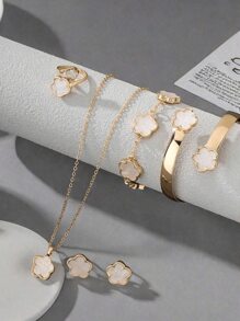 5入組女孩幸運花飾品套裝，包括壓克力手環、手鐲、三葉草項鍊、戒指和耳環 - 白色 - 查看 1