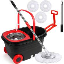 360° Spinning Mop Bucket, 3 Washable Microfiber Pads, Adjustable Stainless Steel Handle, Easy Moving With Wheels For Floor Cleanning - 黑色 - 查看 1