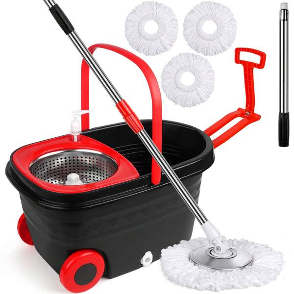 360° Spinning Mop Bucket, 3 Washable Microfiber Pads, Adjustable Stainless Steel Handle, Easy Moving With Wheels For Floor Cleanning