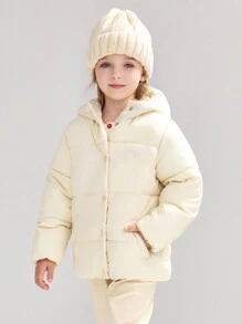 SOLOCOTE 年轻女孩保暖风衣，防水，侧面羊毛口袋，全保暖内衬，不可拆卸羊毛兜帽 - 米色 - 查看 1
