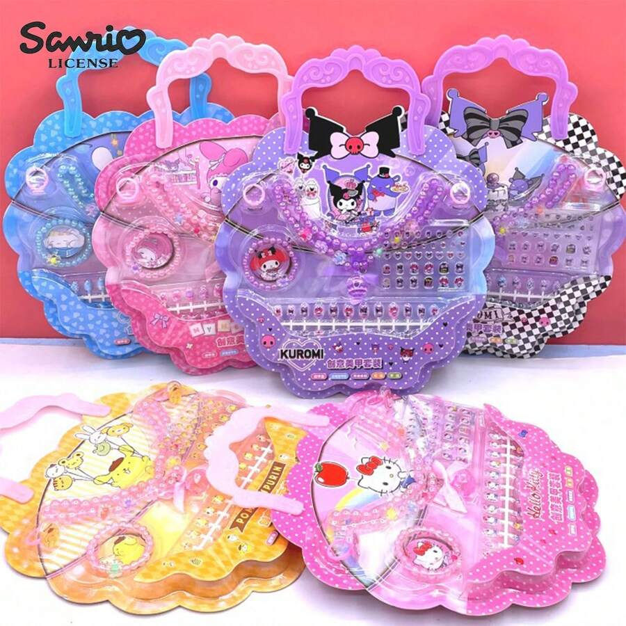 1 套儿童迷你指甲贴纸套装带项链戒指手链女孩生日礼物创意玩具 DIY 手指装饰卡通人物 Melody Purin 爱好收藏