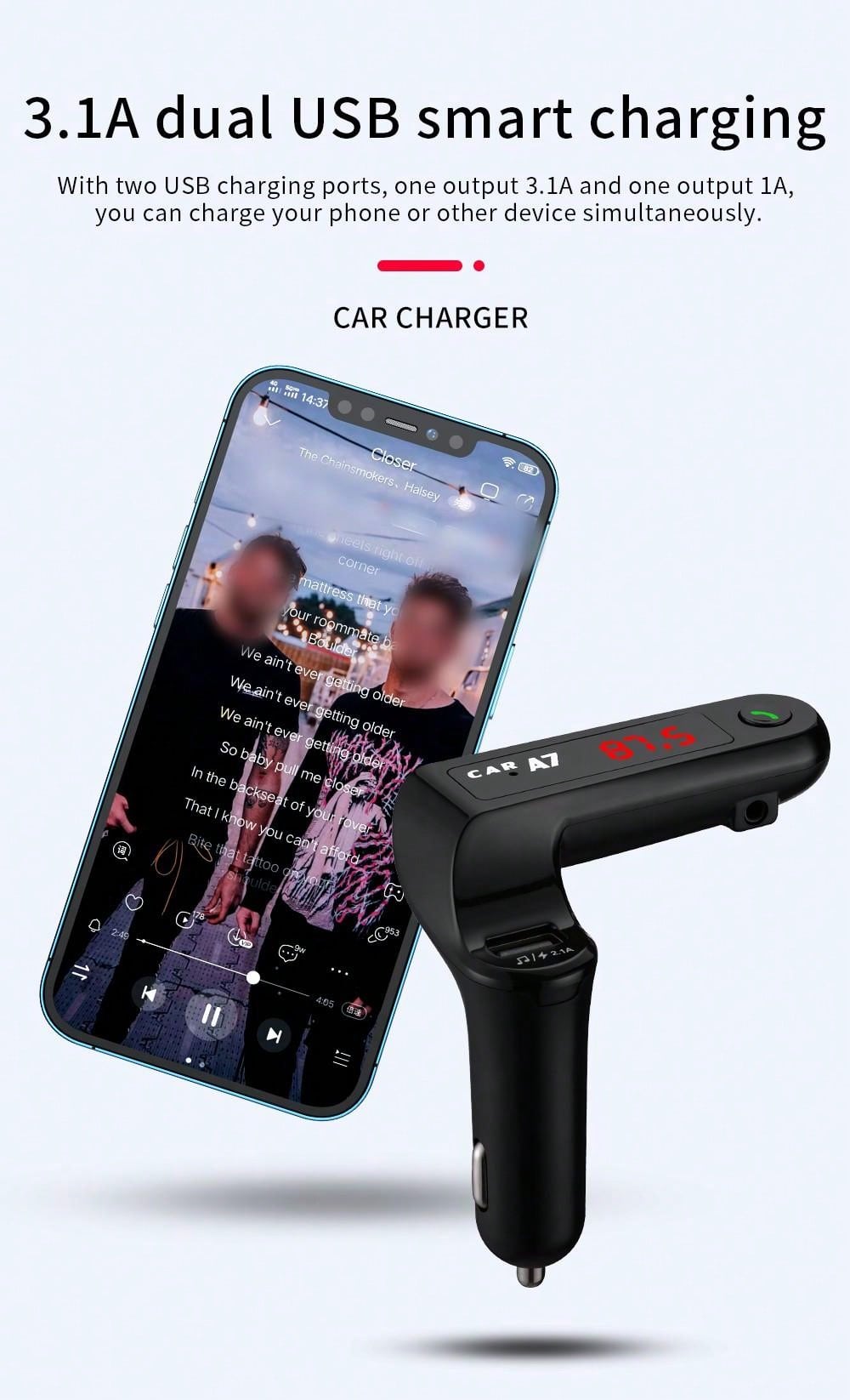 Car Charger With Bluetooth Hands-Free Calling & FM Transmitter Function_voghion.com