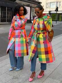Plaid Double Breasted Trench Coat, Rainbow Colors, Women's Coat Fall-Winter 2024, Pockets, Chic And Stylish Style For Weekend Casual, Loose Fit,Ladies Casual,Elegant,Party Button Regular Sleeve Collar Loose Multicolor All Over Print,Graphic,Plaid,Striped Women Overcoats,Fall/Winter,Casual Daily Wear
