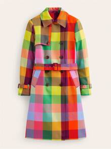 Plaid Double Breasted Trench Coat, Rainbow Colors, Women's Coat Fall-Winter 2024, Pockets, Chic And Stylish Style For Weekend Casual, Loose Fit,Ladies Casual,Elegant,Party Button Regular Sleeve Collar Loose Multicolor All Over Print,Graphic,Plaid,Striped Women Overcoats,Fall/Winter,Casual Daily Wear