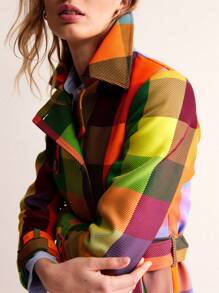 Plaid Double Breasted Trench Coat, Rainbow Colors, Women's Coat Fall-Winter 2024, Pockets, Chic And Stylish Style For Weekend Casual, Loose Fit,Ladies Casual,Elegant,Party Button Regular Sleeve Collar Loose Multicolor All Over Print,Graphic,Plaid,Striped Women Overcoats,Fall/Winter,Casual Daily Wear