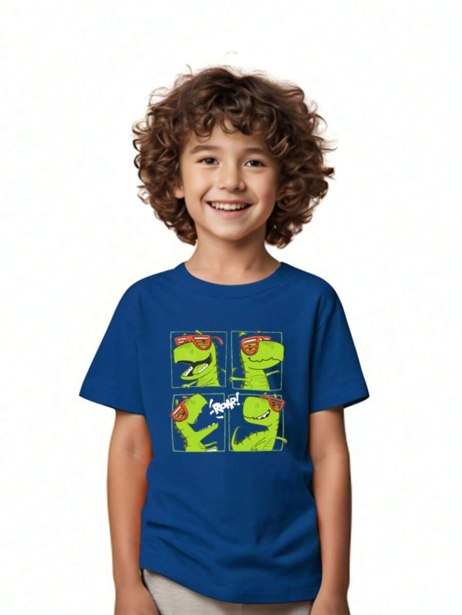 Children's And Youth T-Shirt With 4 Dinosaurs Print For All Ages, Short Sleeve Model - 藏蓝色 - 查看 1