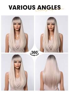 Tóc giả dài thẳng màu vàng 24 inch có mái chịu nhiệt Ombre tóc giả tổng hợp màu vàng với chân tóc sẫm màu tạo nên bộ tóc giả trông tự nhiên cho phụ nữ tóc giả dự tiệc Halloween hàng ngày - Vàng - Xem 7