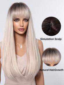 Tóc giả dài thẳng màu vàng 24 inch có mái chịu nhiệt Ombre tóc giả tổng hợp màu vàng với chân tóc sẫm màu tạo nên bộ tóc giả trông tự nhiên cho phụ nữ tóc giả dự tiệc Halloween hàng ngày - Vàng - Xem 3