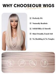 Tóc giả dài thẳng màu vàng 24 inch có mái chịu nhiệt Ombre tóc giả tổng hợp màu vàng với chân tóc sẫm màu tạo nên bộ tóc giả trông tự nhiên cho phụ nữ tóc giả dự tiệc Halloween hàng ngày - Vàng - Xem 6