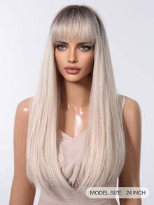 Tóc giả dài thẳng màu vàng 24 inch có mái chịu nhiệt Ombre tóc giả tổng hợp màu vàng với chân tóc sẫm màu tạo nên bộ tóc giả trông tự nhiên cho phụ nữ tóc giả dự tiệc Halloween hàng ngày - Vàng - Xem 4