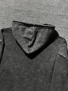 男式复古水洗创意印花连帽运动衫 - 黑色 - 查看 3