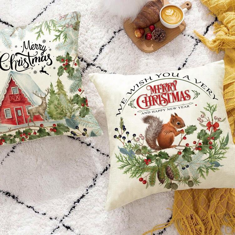 Set de 4 / 2 fundas decorativas de almohada con temas navideños de Papá Noel, ardilla, ciervo y granero (sin incluir relleno de la almohada) - Feliz navidad - Añade 5