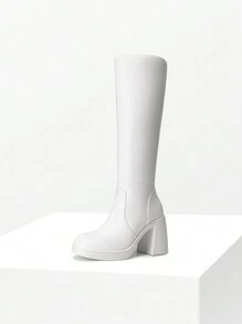 Women's Chunky Block Heel Knee High Boots Square Toe  Side Zipper Platform Solid Color Fashionable Gogo Boots - 白色 - 查看 4