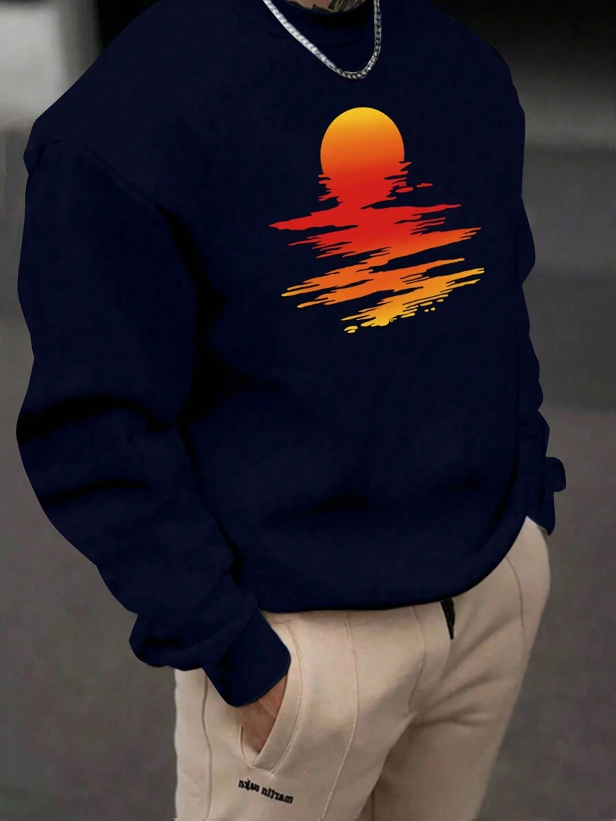 男士休闲日落印花圆领运动衫，春/秋