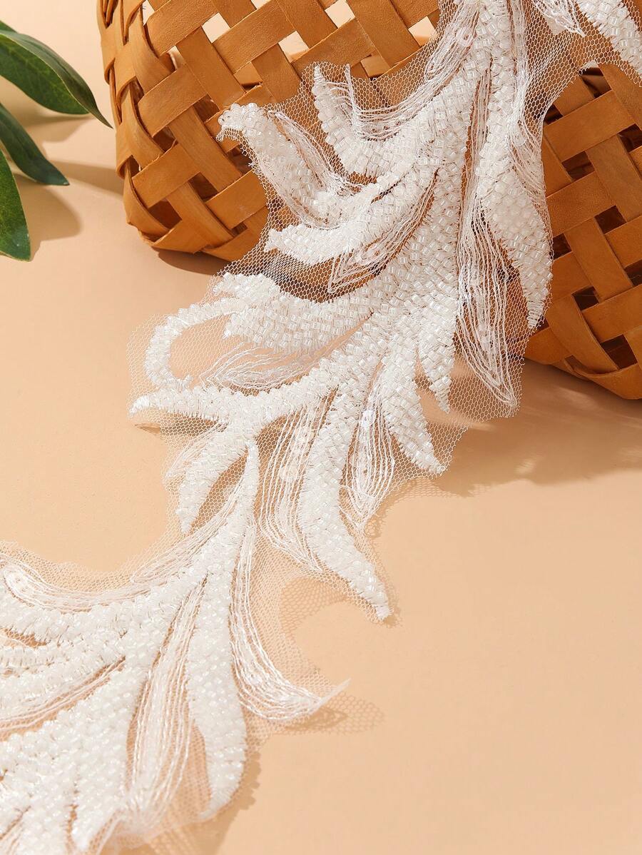 1pc Bridal Sequin Embroidered White Lace Trim, Organza Beaded Muslim Headscarf Robe Decorative Accessory For Wedding - White - View 1