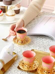4pcs/12pcs Electroplated Porcelain Aroma Coffee Cup & Saucer Sets, European Style Gold Rimmed, 2 Cups 2 Saucers/6 Cups 6 Saucers Coffee Cup Gift Set (4pcs/12pcs Include Saucers) Back To School